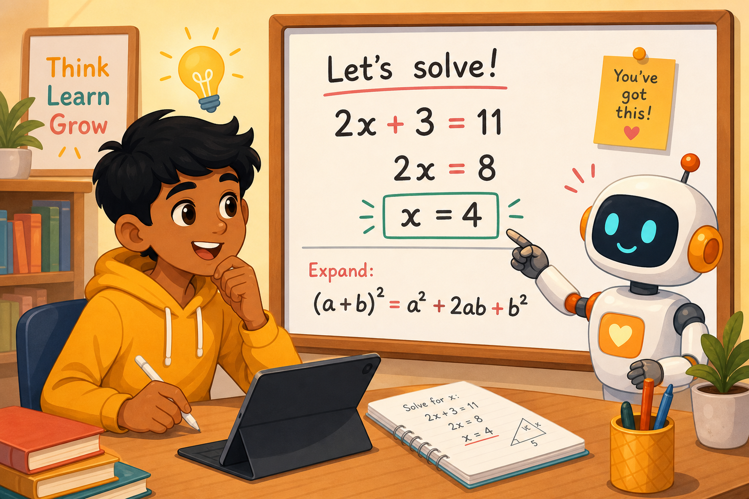 Middle-school student solving algebra like 2x + 3 = 11 with a friendly robot helper